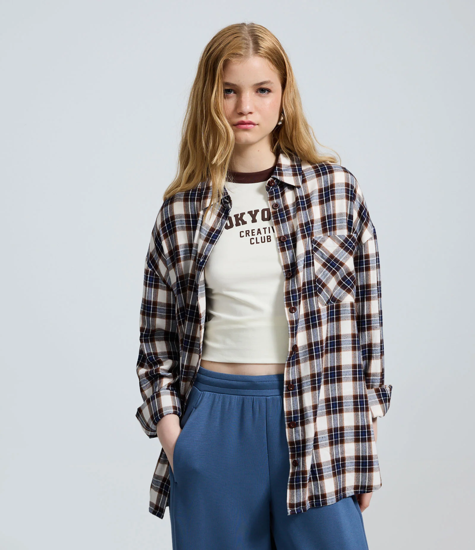 Camisa Regular Manga Longa em Flanela Xadrez Azul 1