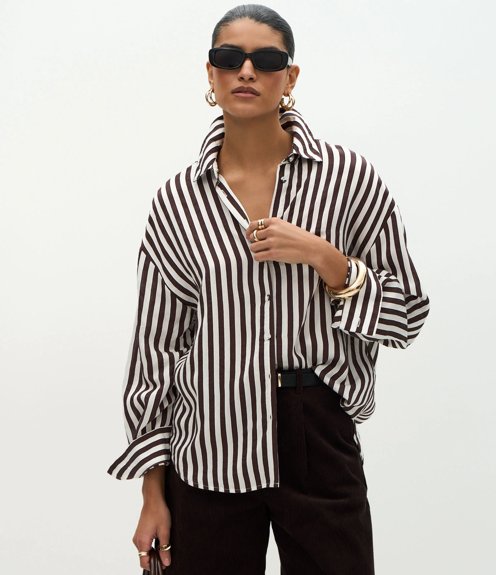Camisa em Viscose com Listras Fio Tinto Off White/Marrom 1