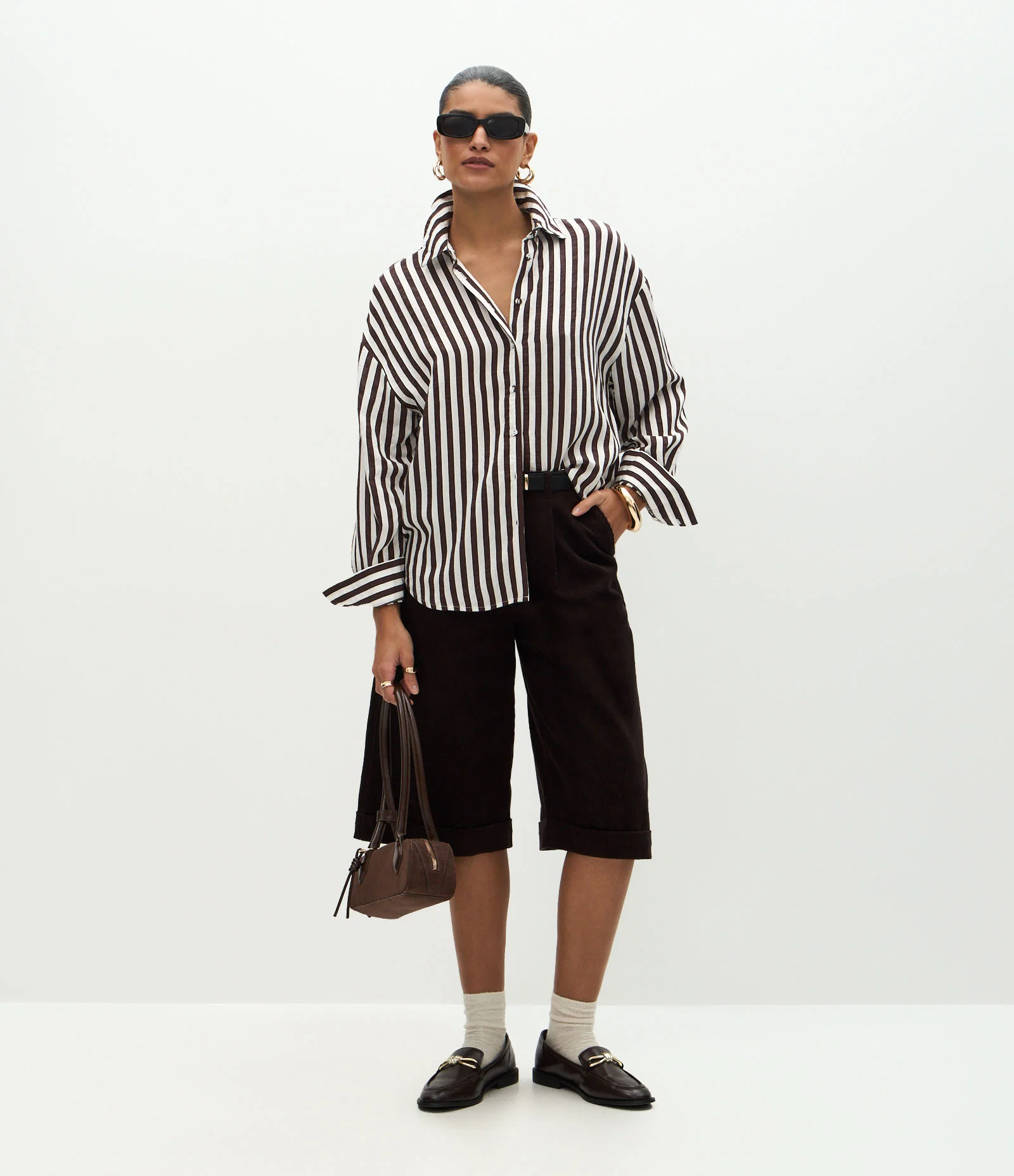 Camisa em Viscose com Listras Fio Tinto Off White/Marrom 2