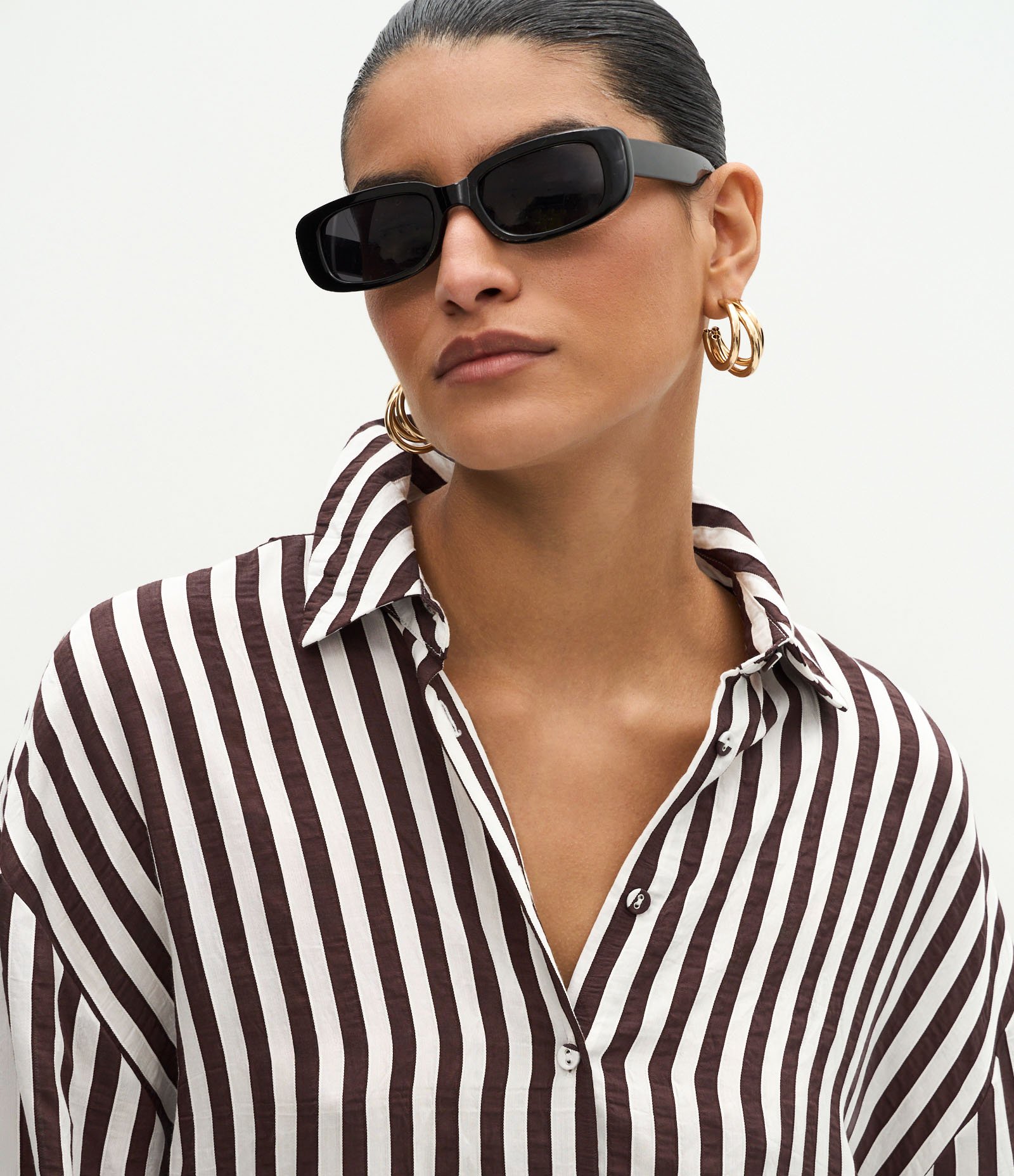 Camisa em Viscose com Listras Fio Tinto Off White/Marrom 3