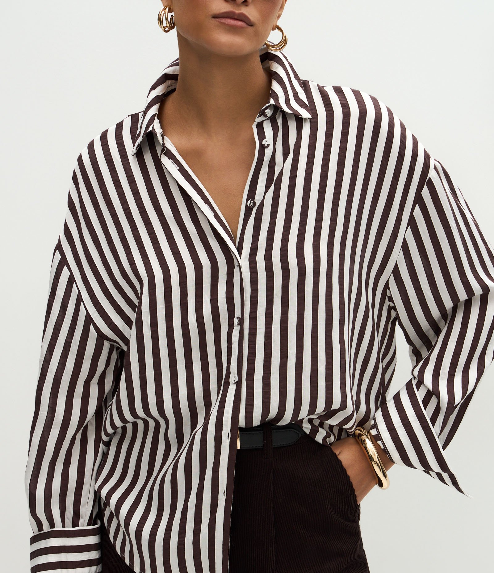 Camisa em Viscose com Listras Fio Tinto Off White/Marrom 4