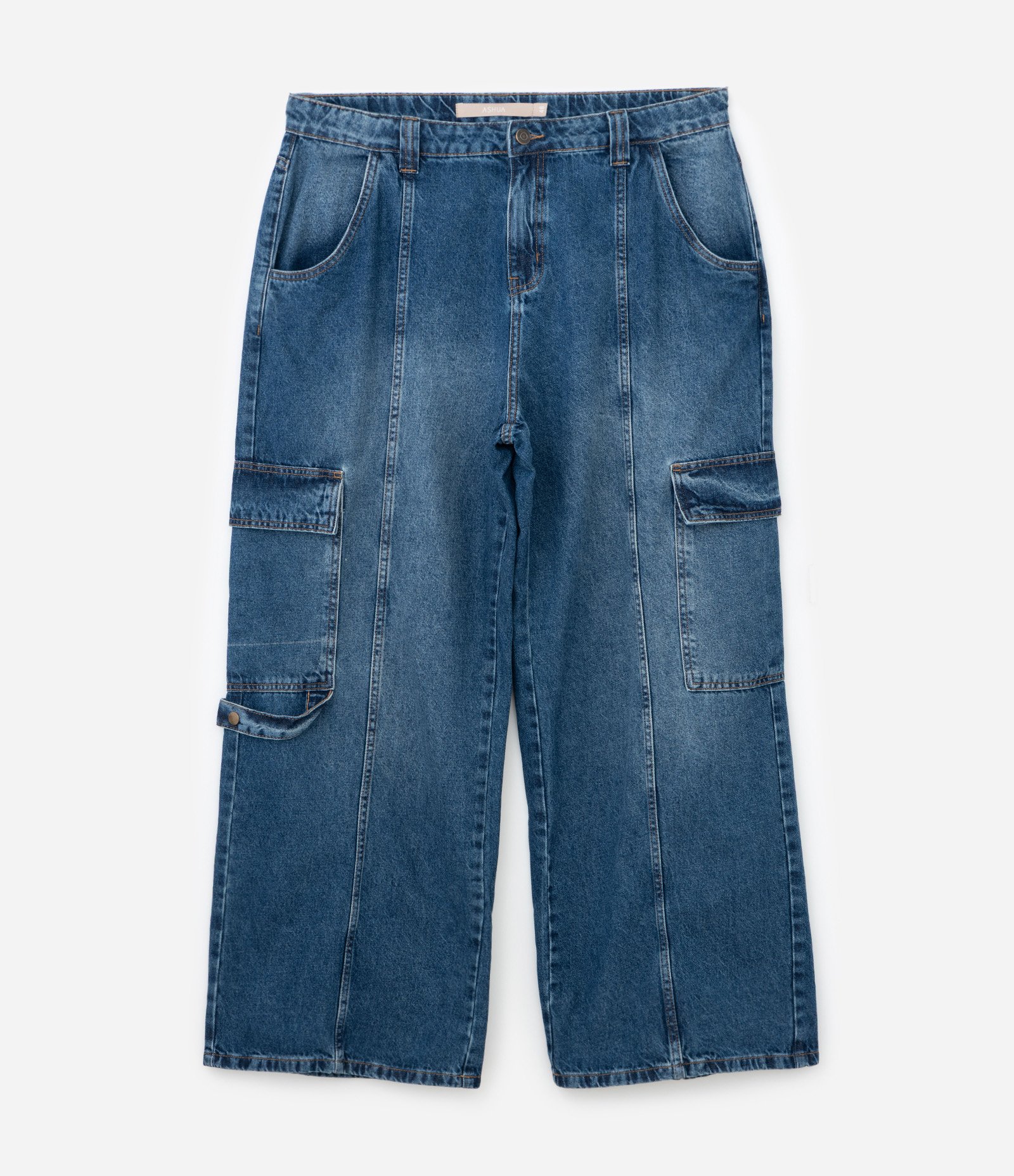 Calça Jeans Reta com Bolsos Cargos Curve & Plus Size Azul 7