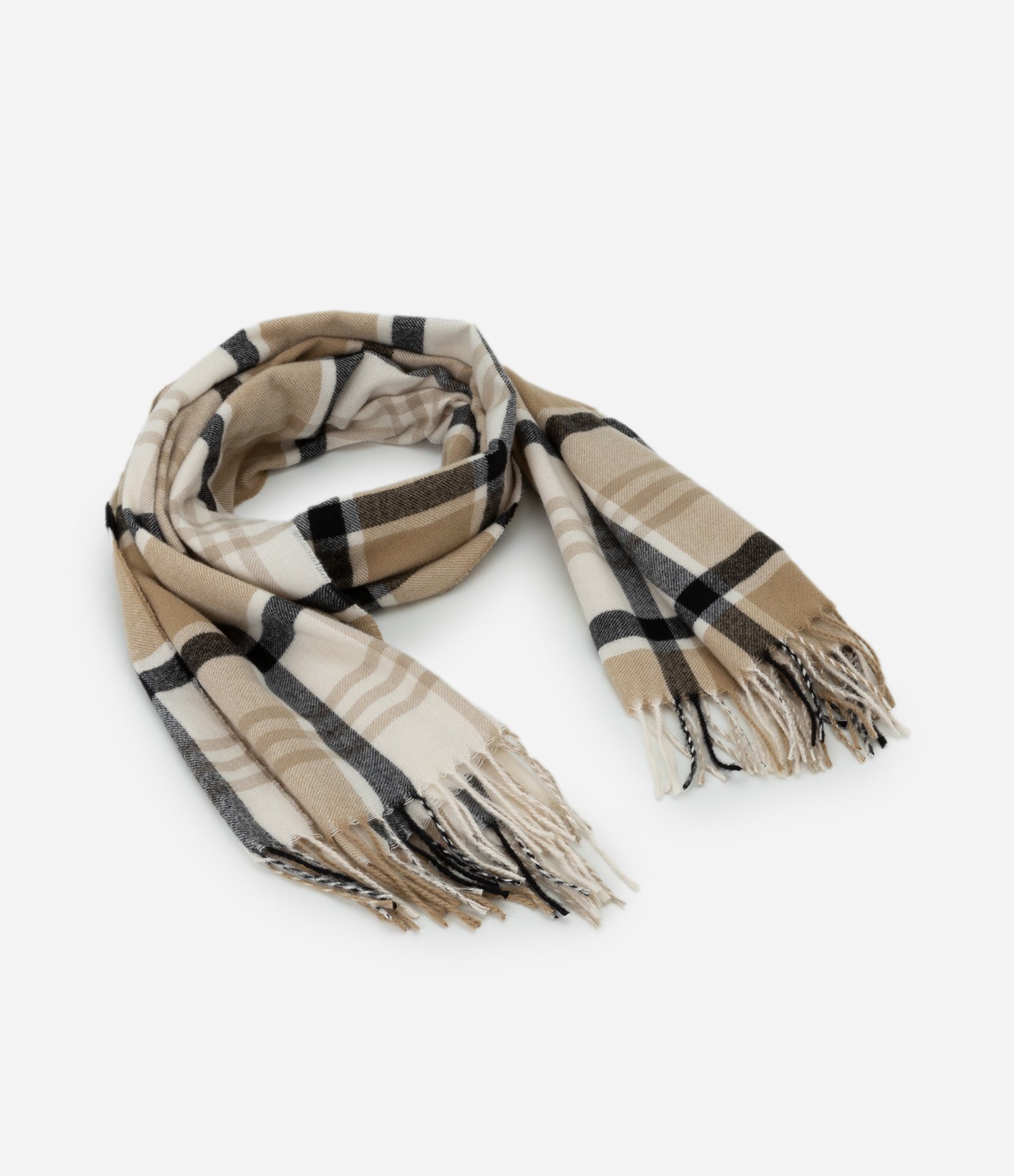 Cachecol em Tricô Xadrez com Franjas Bege/Preto 3