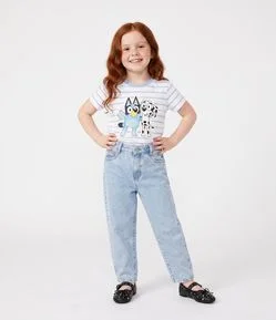 Camiseta Infantil com Listras e Estampa Bordada Bluey - Tam 1 a 8 anos