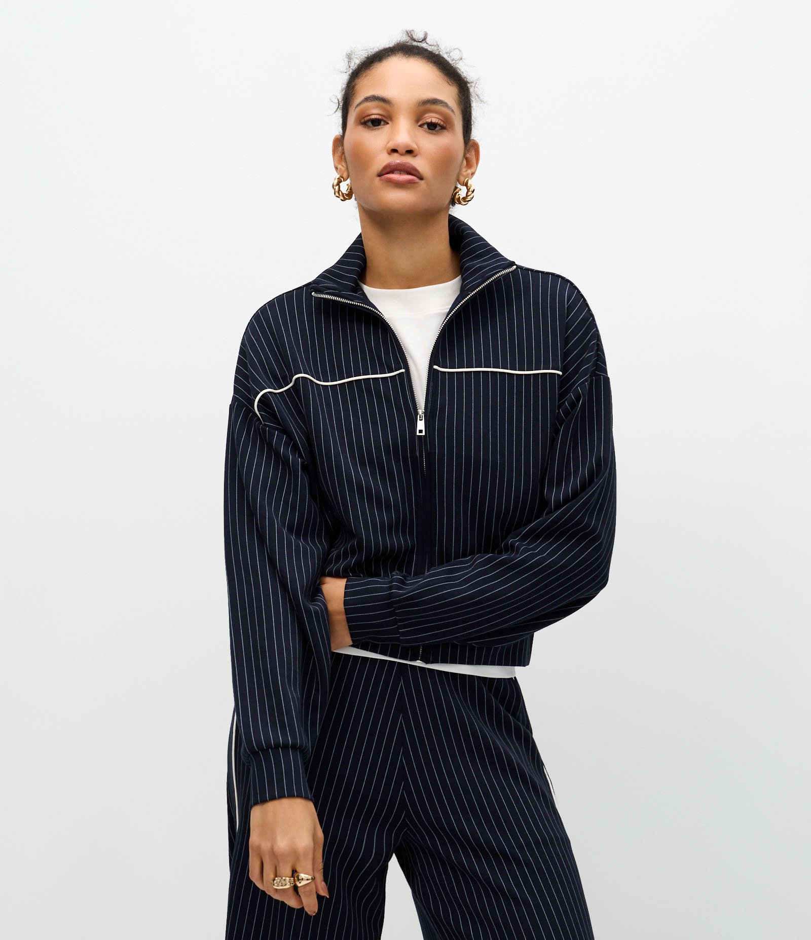 Jaqueta Regular em Moletom sem Felpa com Estampa Listrada Azul 2