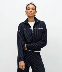 Jaqueta Regular em Moletom sem Felpa com Estampa Listrada