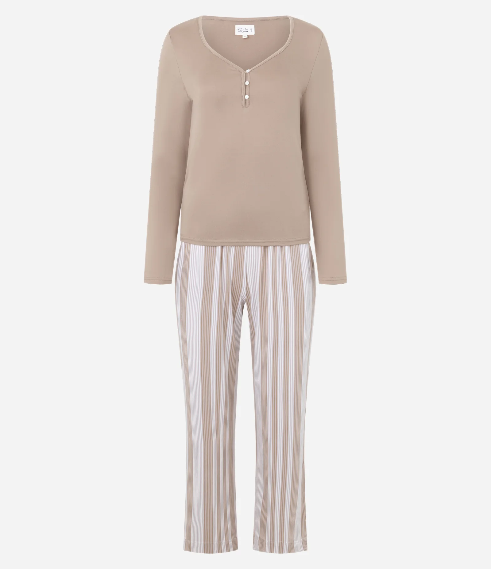 Pijama Longo em Peach Touch com Estampa de Listras Bege 1