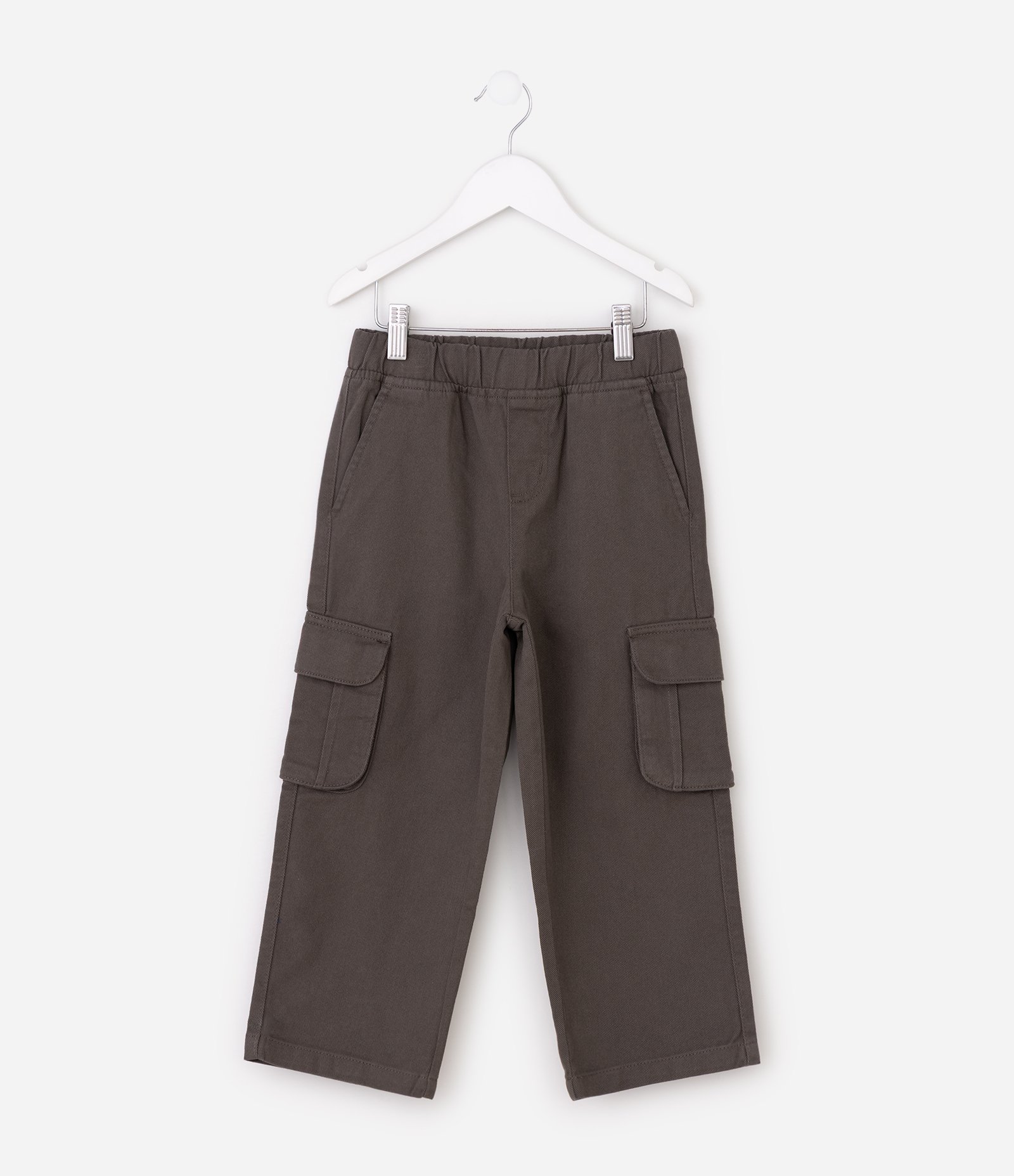 Calça Infantil Baggy em Sarja com Bolsos Cargo - Tam 5 a 14 Anos Cinza 1