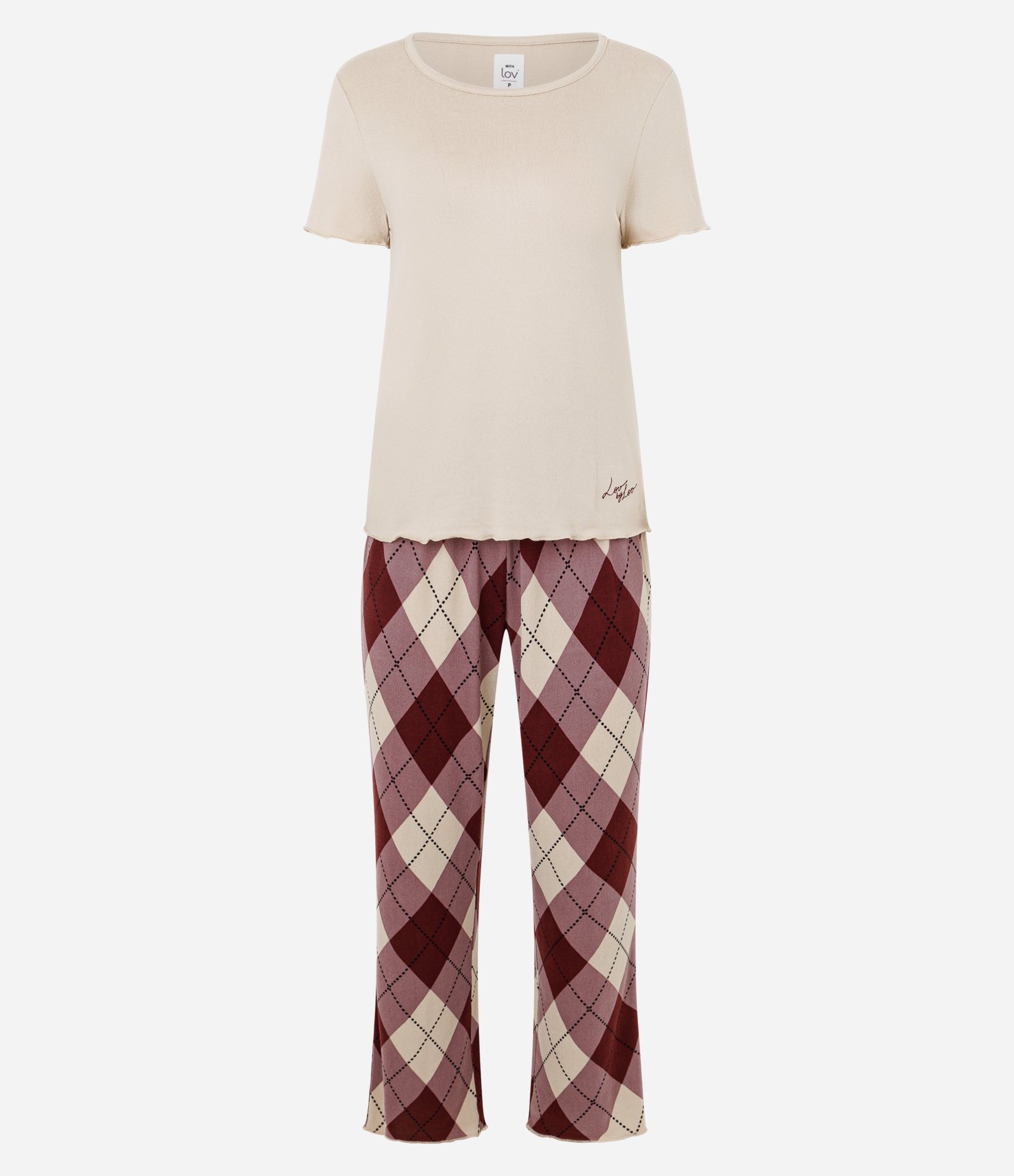 Pijama Longo em Tricô com Calça Xadrez Argyle Bege 1