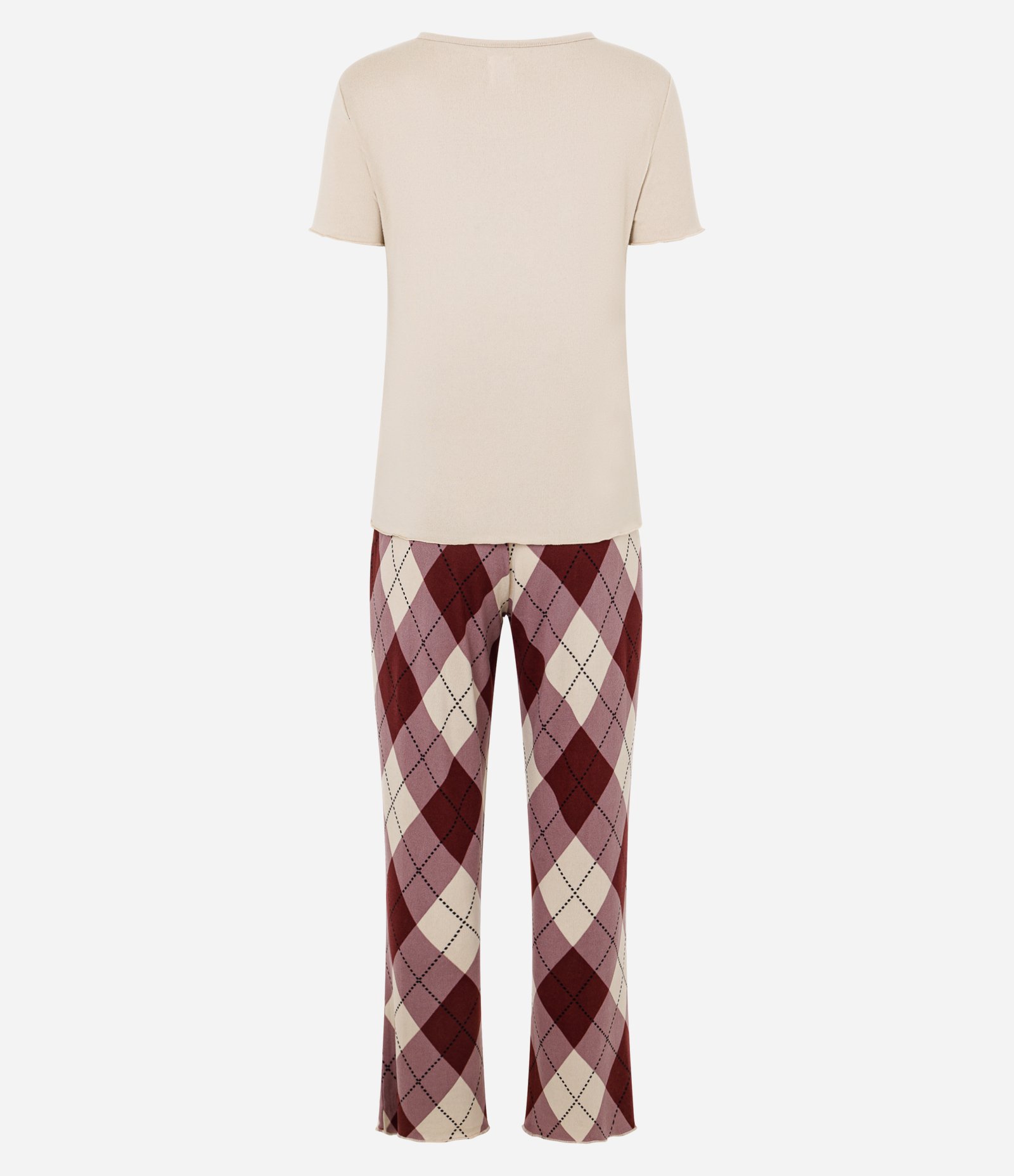 Pijama Longo em Tricô com Calça Xadrez Argyle Bege 2
