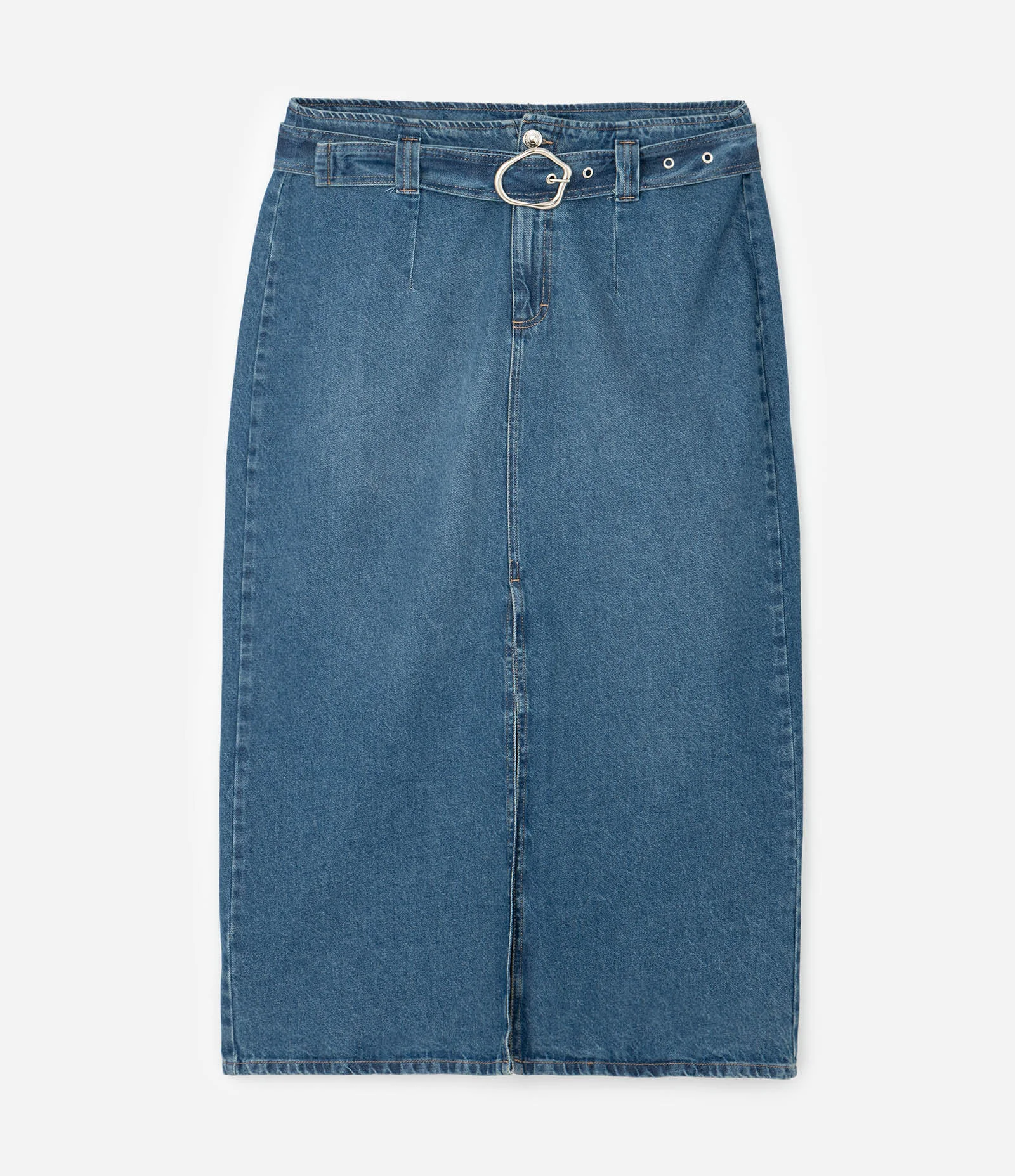 Saia Midi em Jeans com Fenda e Cinto com Fivela Curve & Plus Size Azul 1