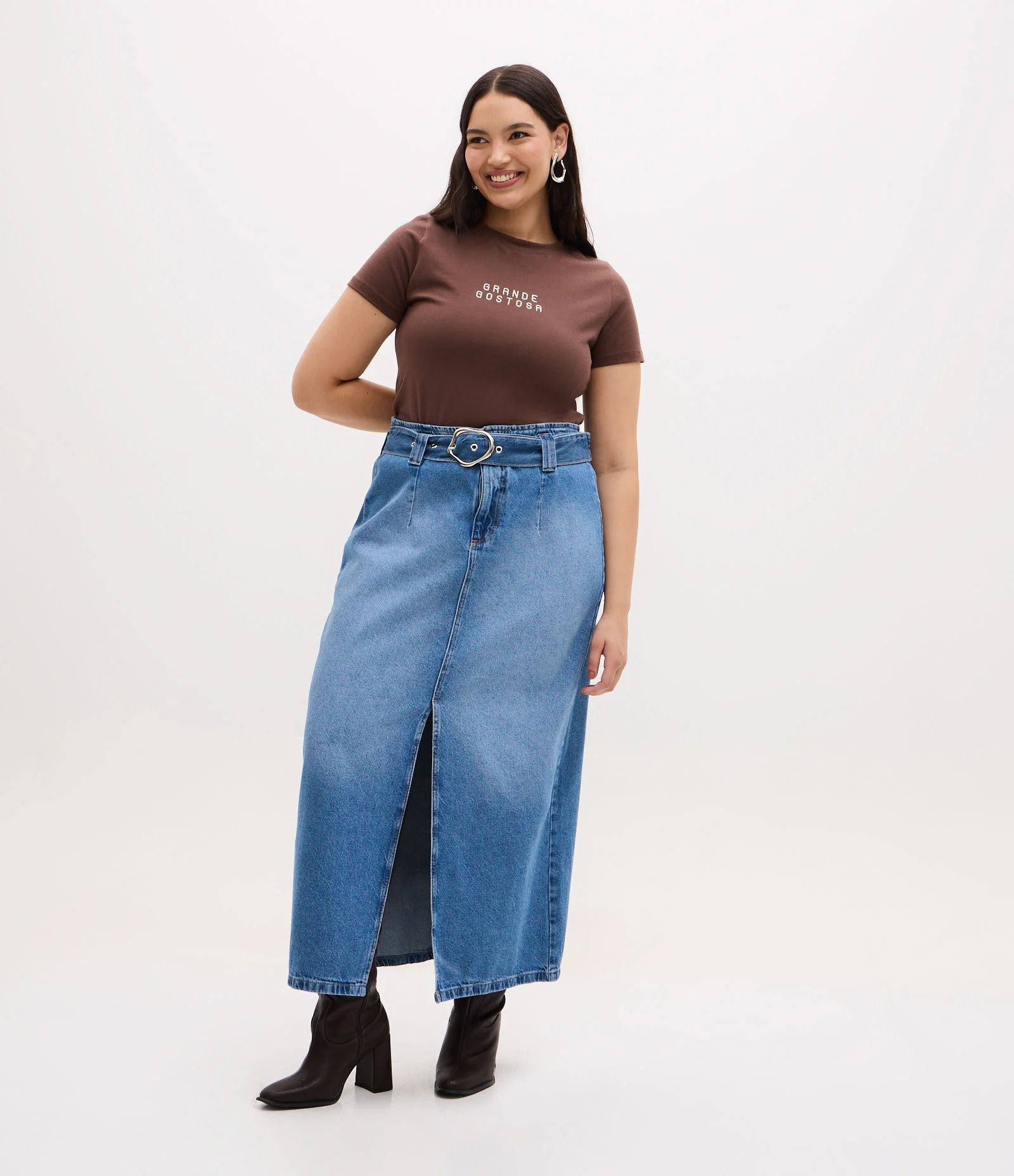 Saia Midi em Jeans com Fenda e Cinto com Fivela Curve & Plus Size Azul 1