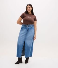 Saia Midi em Jeans com Fenda e Cinto com Fivela Curve & Plus Size