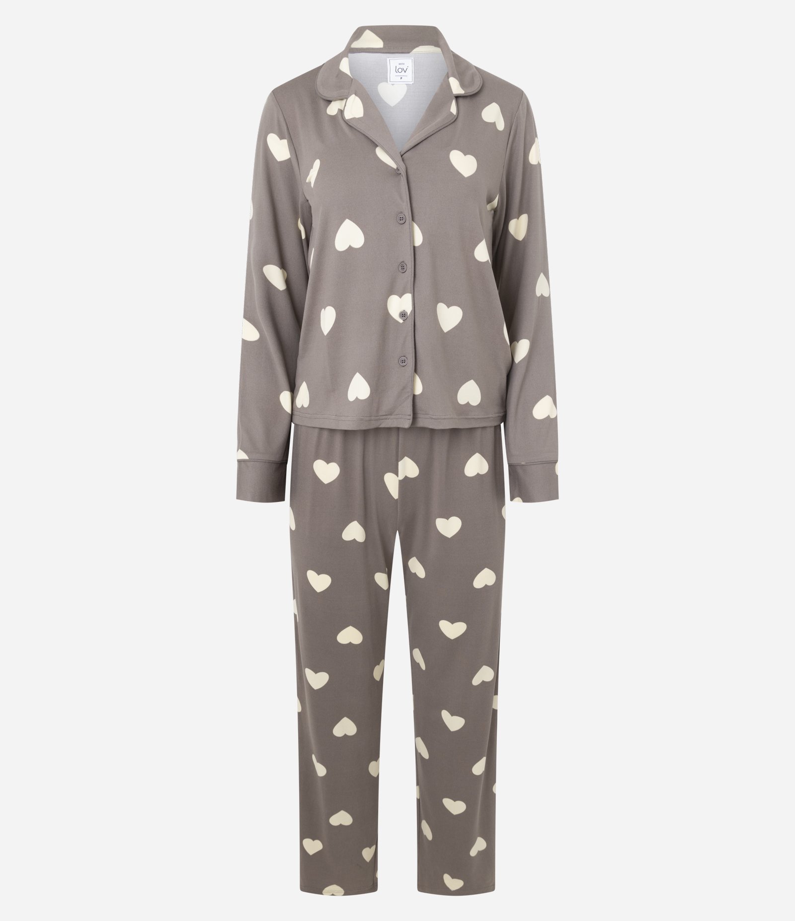 Pijama Longo Americano em Peach Touch com Estampa de Corações Marrom 1