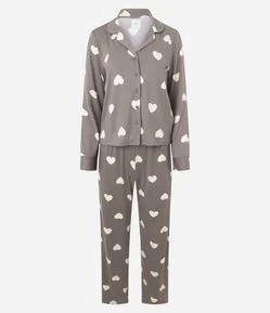 Pijama Longo Americano em Peach Touch com Estampa de Corações