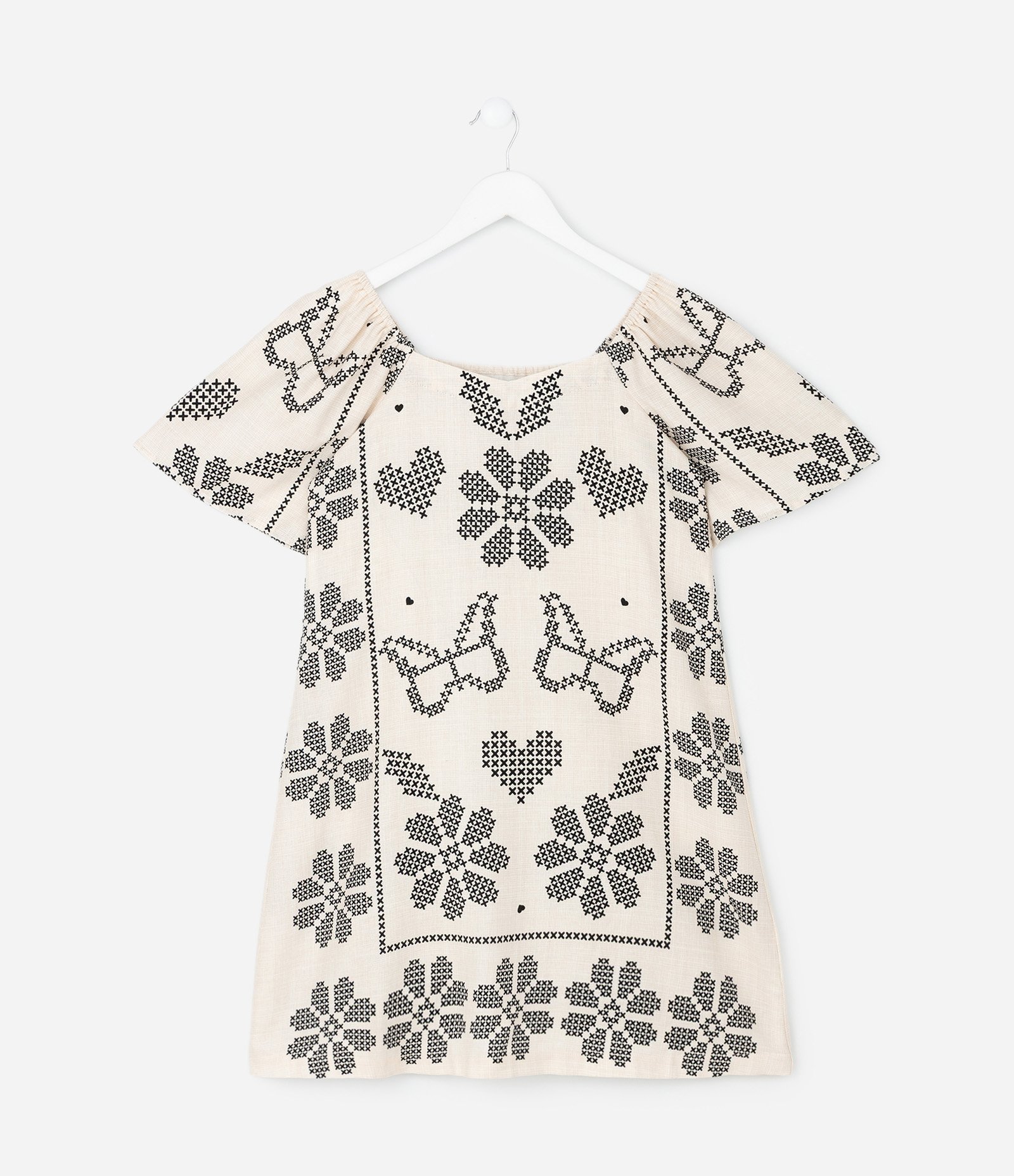 Vestido Infantil em Viscolinho com Estampa Ponto Cruz – Tam 5 a 14 Anos Off White 1