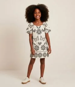 Vestido Infantil em Viscolinho com Estampa Ponto Cruz – Tam 5 a 14 Anos