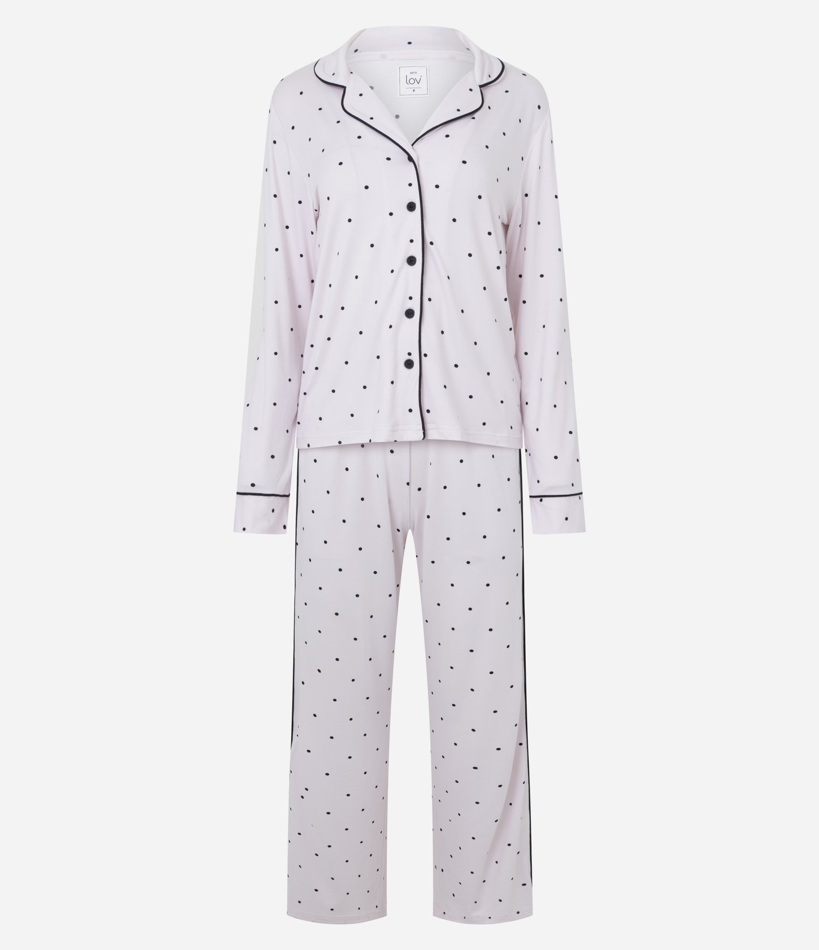 Pijama Longo Americano em Peach Touch com Estampa Poá Lilás/Preto 1