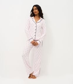 Pijama Longo Americano em Peach Touch com Estampa Poá