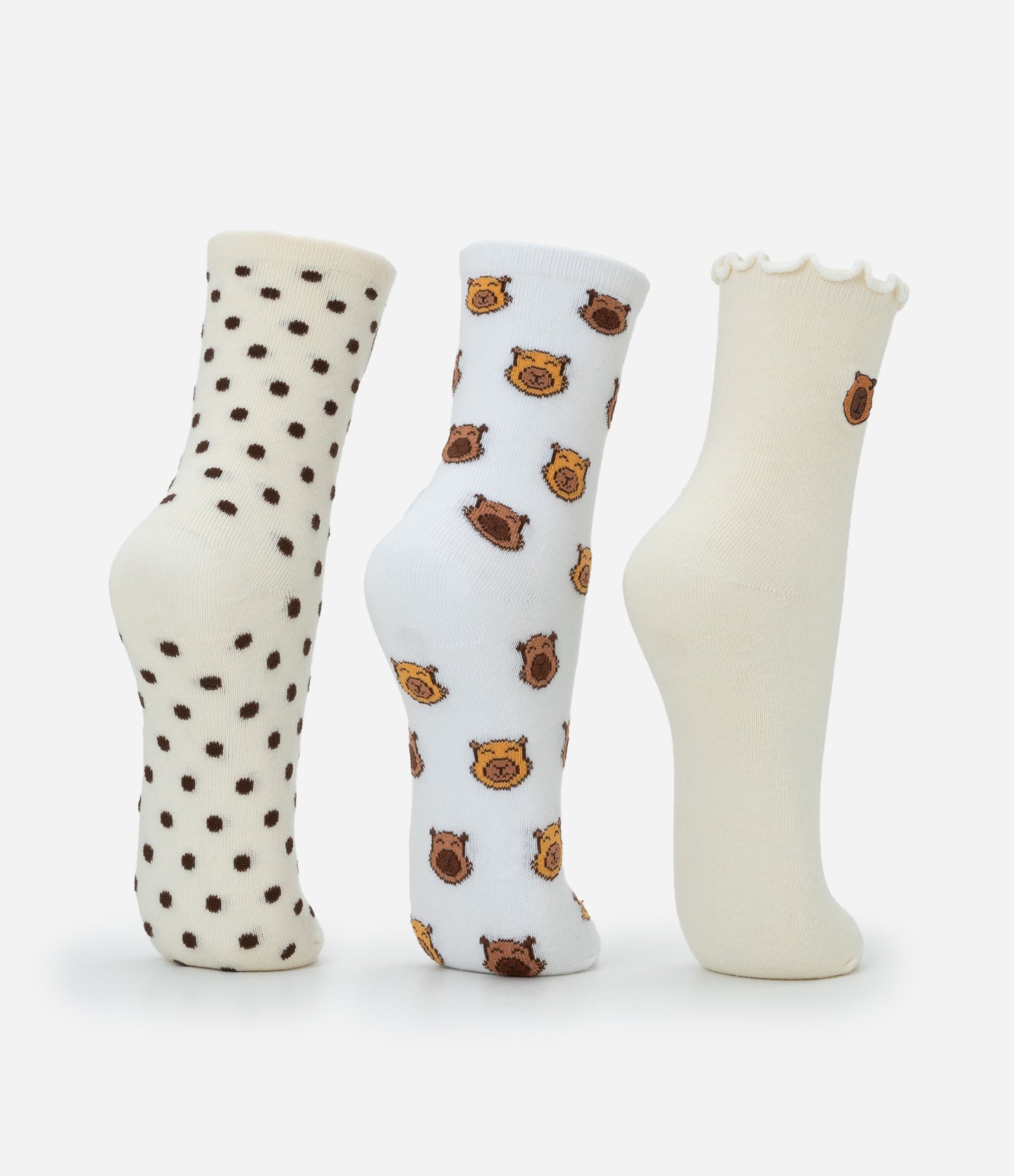 Kit 03 Meias Cano Médio em Algodão com Estampa de Capivara Branco/Off White 3