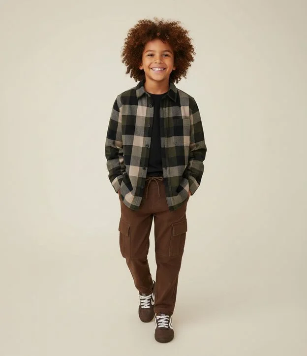 Camisa Infantil Manga Longa com Estampa Xadrez – Tam 5 a 14 Anos
