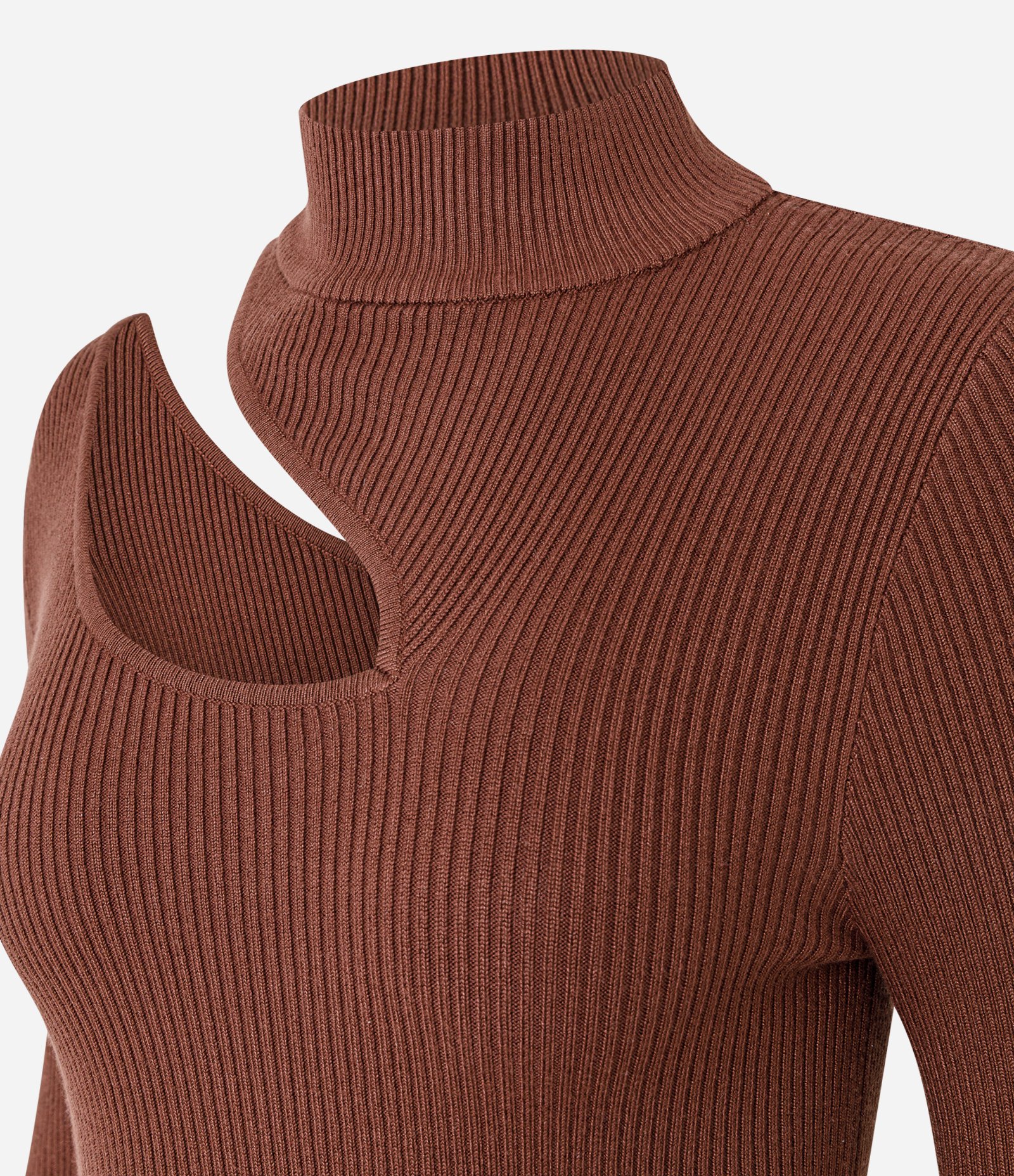 Blusa Canelada em Tricô com Vazado no Ombro Marrom 5