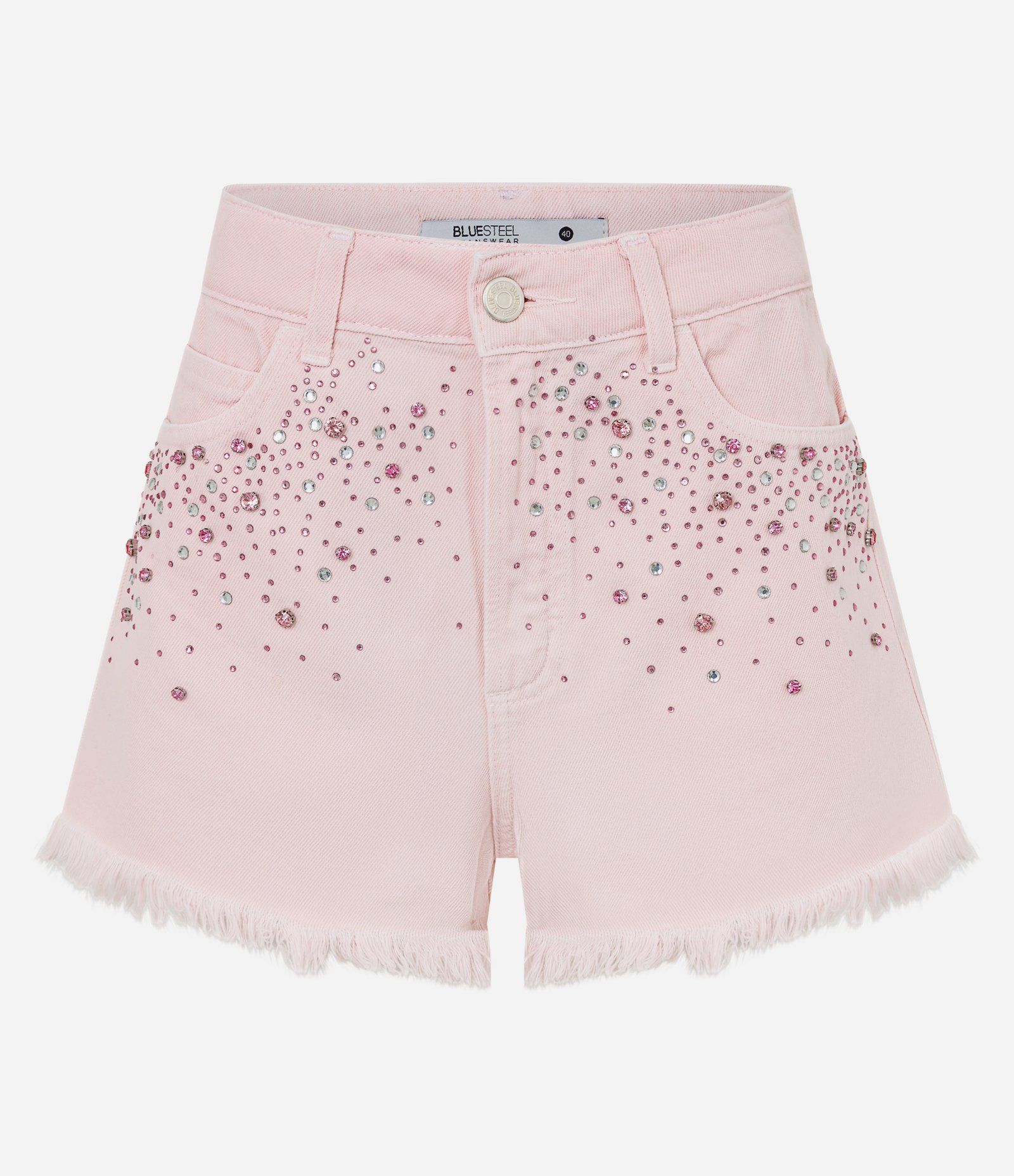 Short Cintura Alta em Jeans com Brilhos e Barra Desfeita Rosa 4