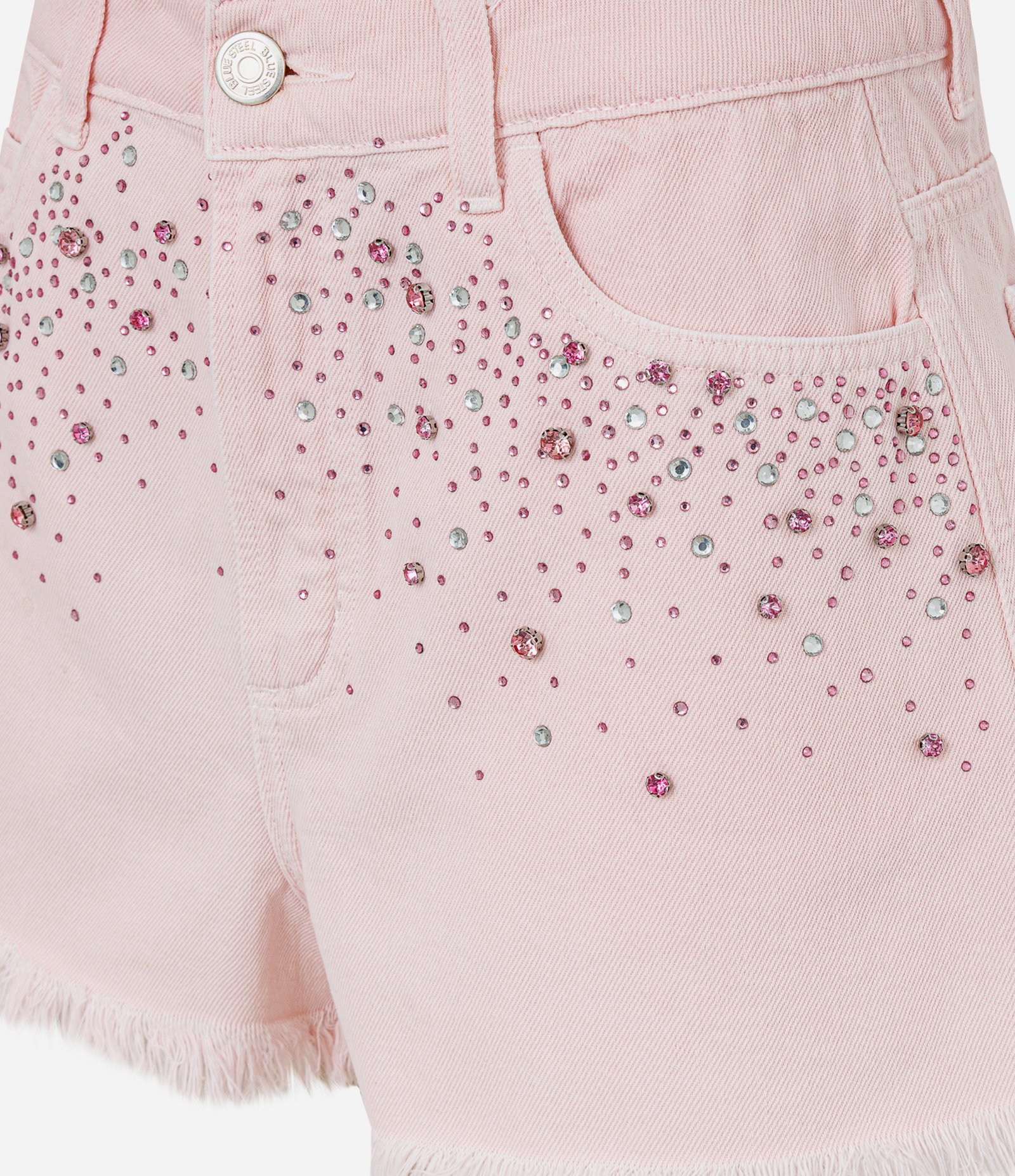 Short Cintura Alta em Jeans com Brilhos e Barra Desfeita Rosa 5
