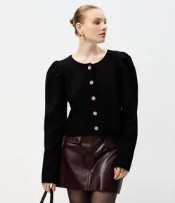 Cardigan Curto em Tricô com Manga Bufante