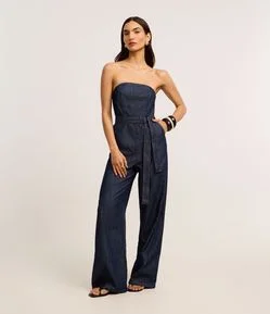 Macacão Sem Alça em Jeans com Cinto Amarração
