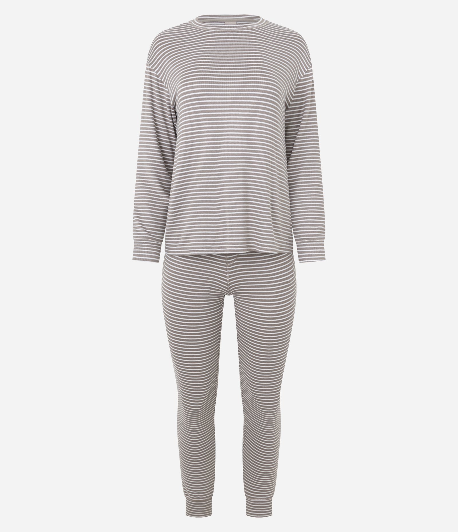 Pijama Longo Tricô com Estampa Listrada Marom/Branco 1