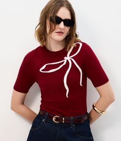 Blusa Regular em Tricô com Estampa de Laço