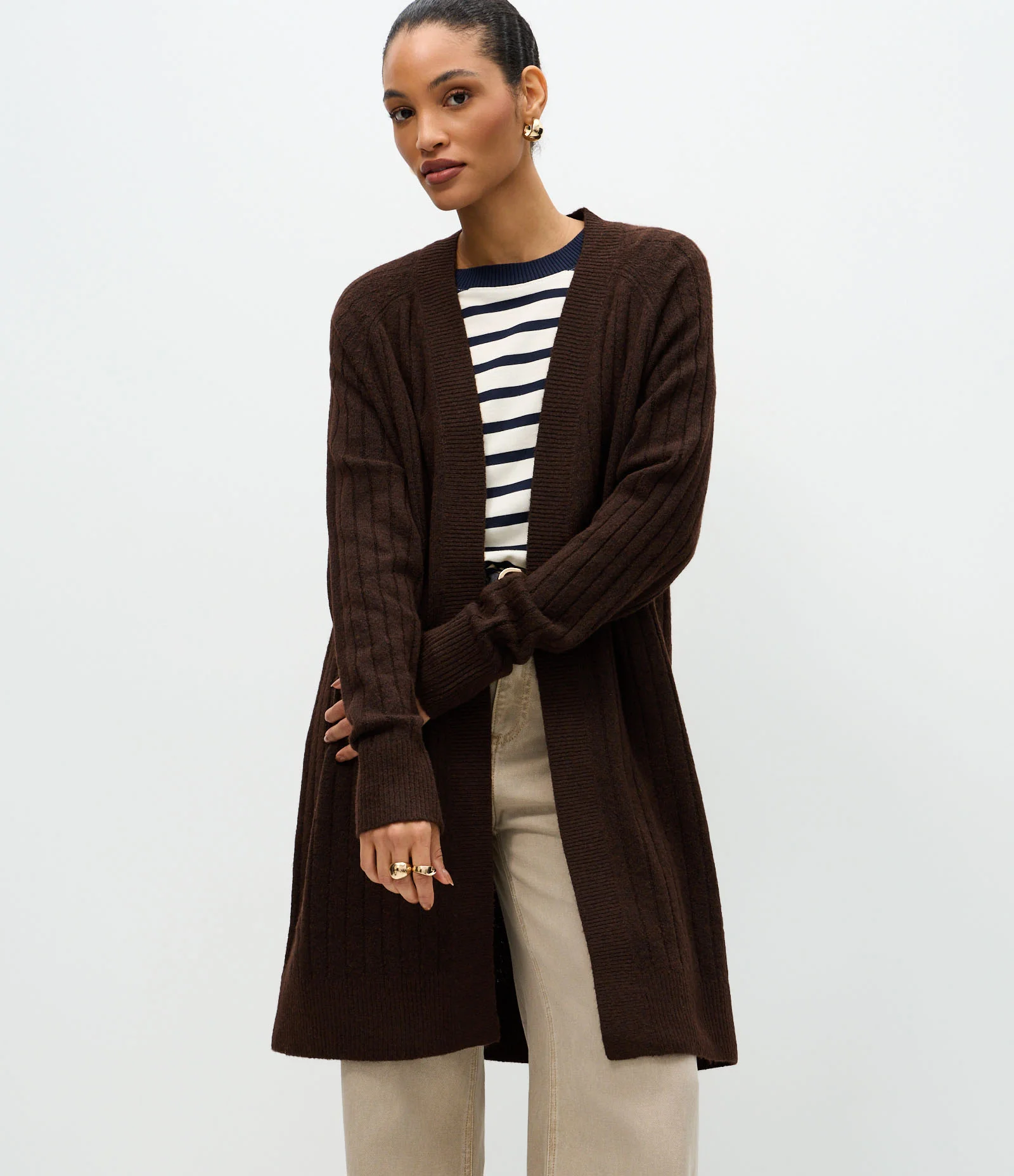 Cardigan Tricô Canelado Alongado sem Bolsos Marrom 1