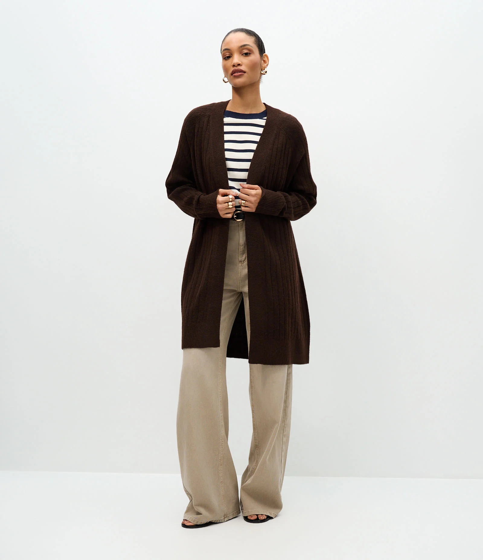 Cardigan Tricô Canelado Alongado sem Bolsos Marrom 2