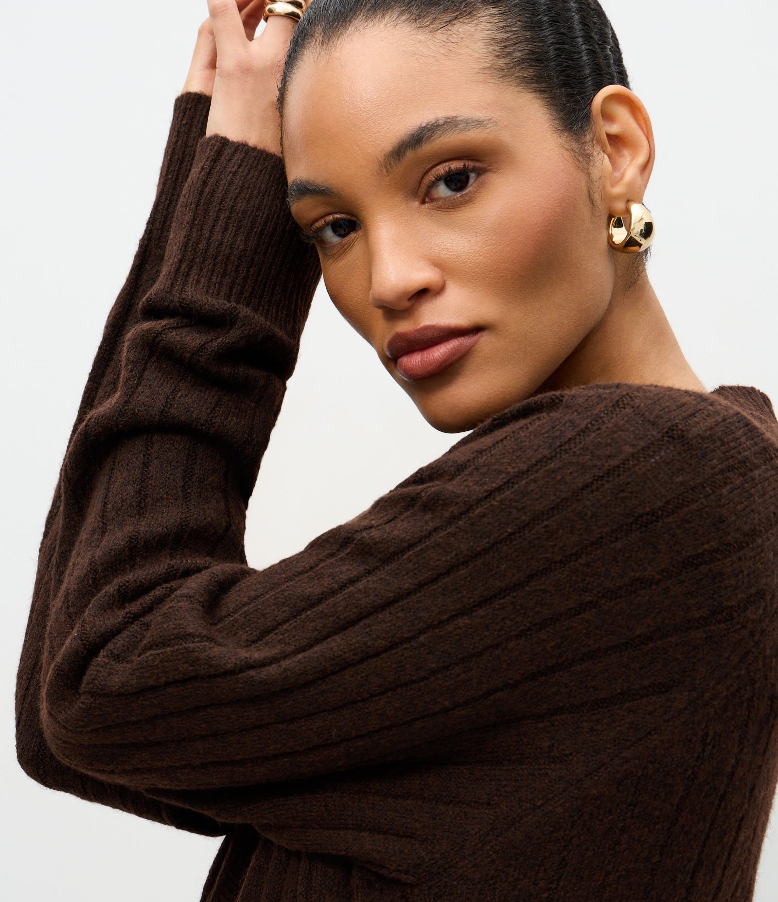 Cardigan Tricô Canelado Alongado sem Bolsos Marrom 3