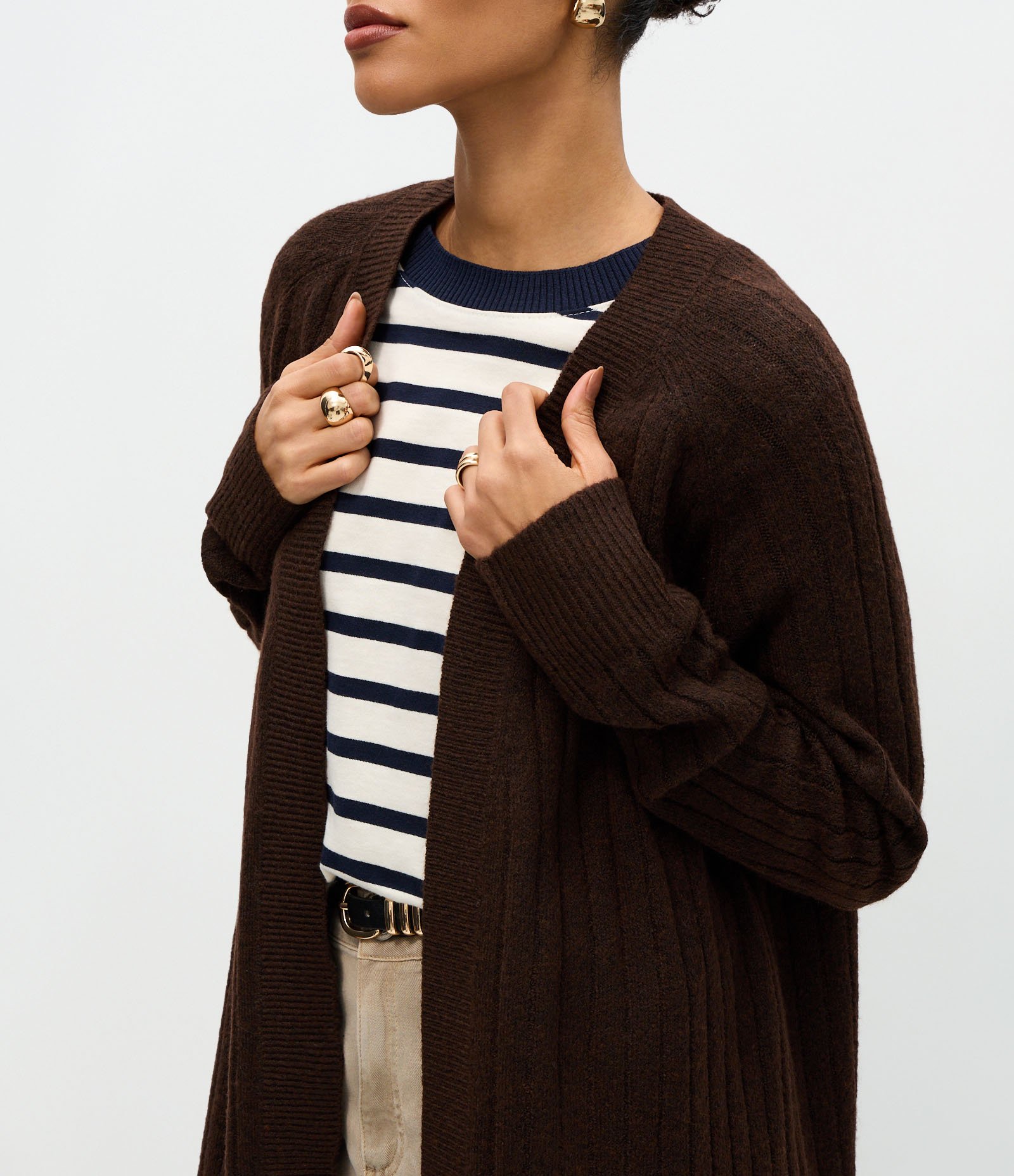 Cardigan Tricô Canelado Alongado sem Bolsos Marrom 4