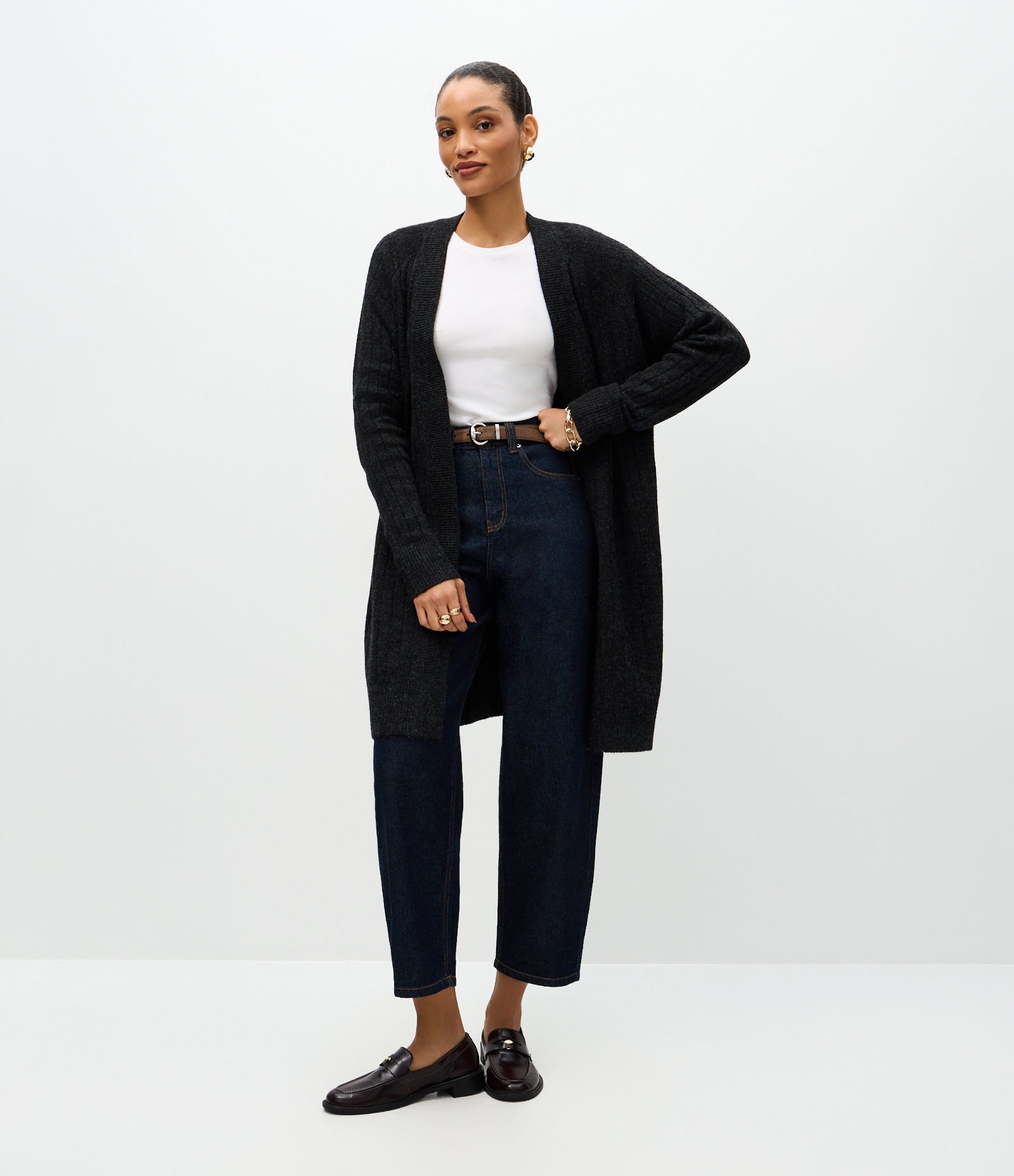 Cardigan Tricô Canelado Alongado sem Bolsos Preto 2
