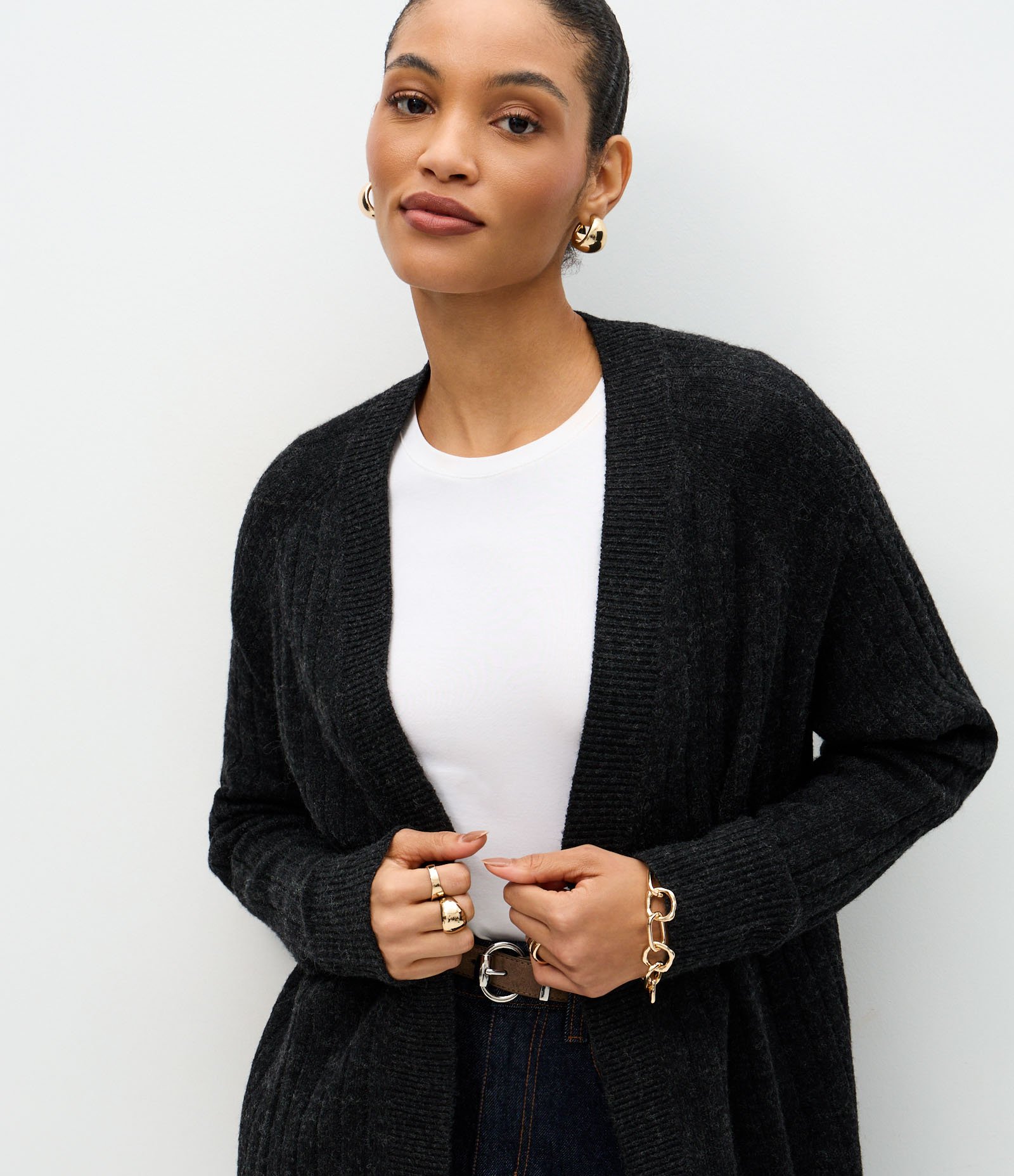 Cardigan Tricô Canelado Alongado sem Bolsos Preto 3
