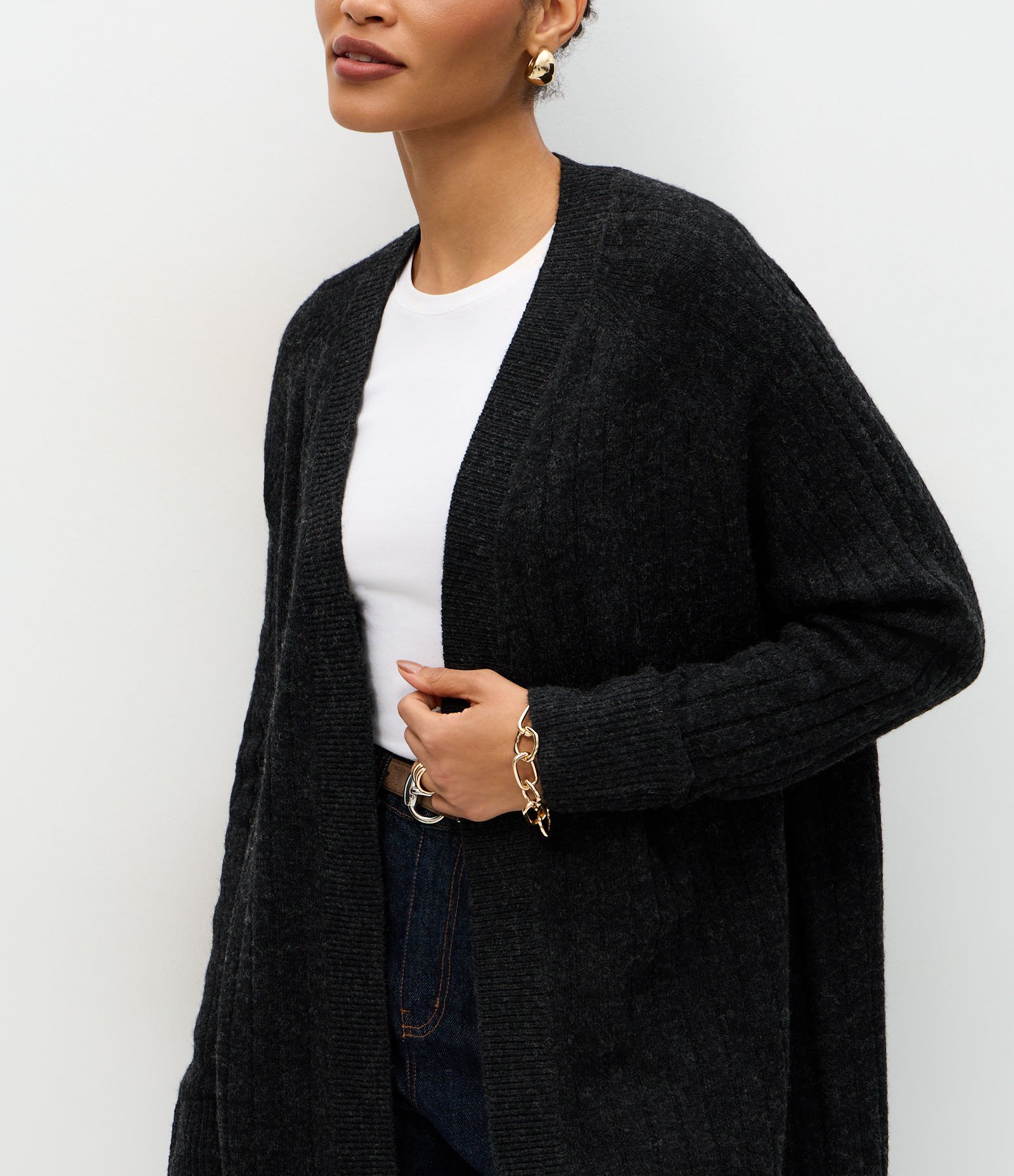 Cardigan Tricô Canelado Alongado sem Bolsos Preto 4