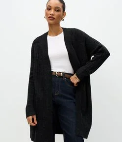Cardigan Tricô Canelado Alongado sem Bolsos