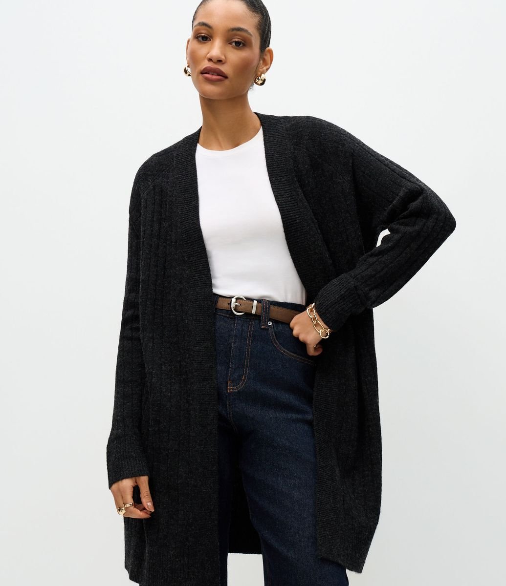 Cardigan Tricô Canelado Alongado sem Bolsos Preto