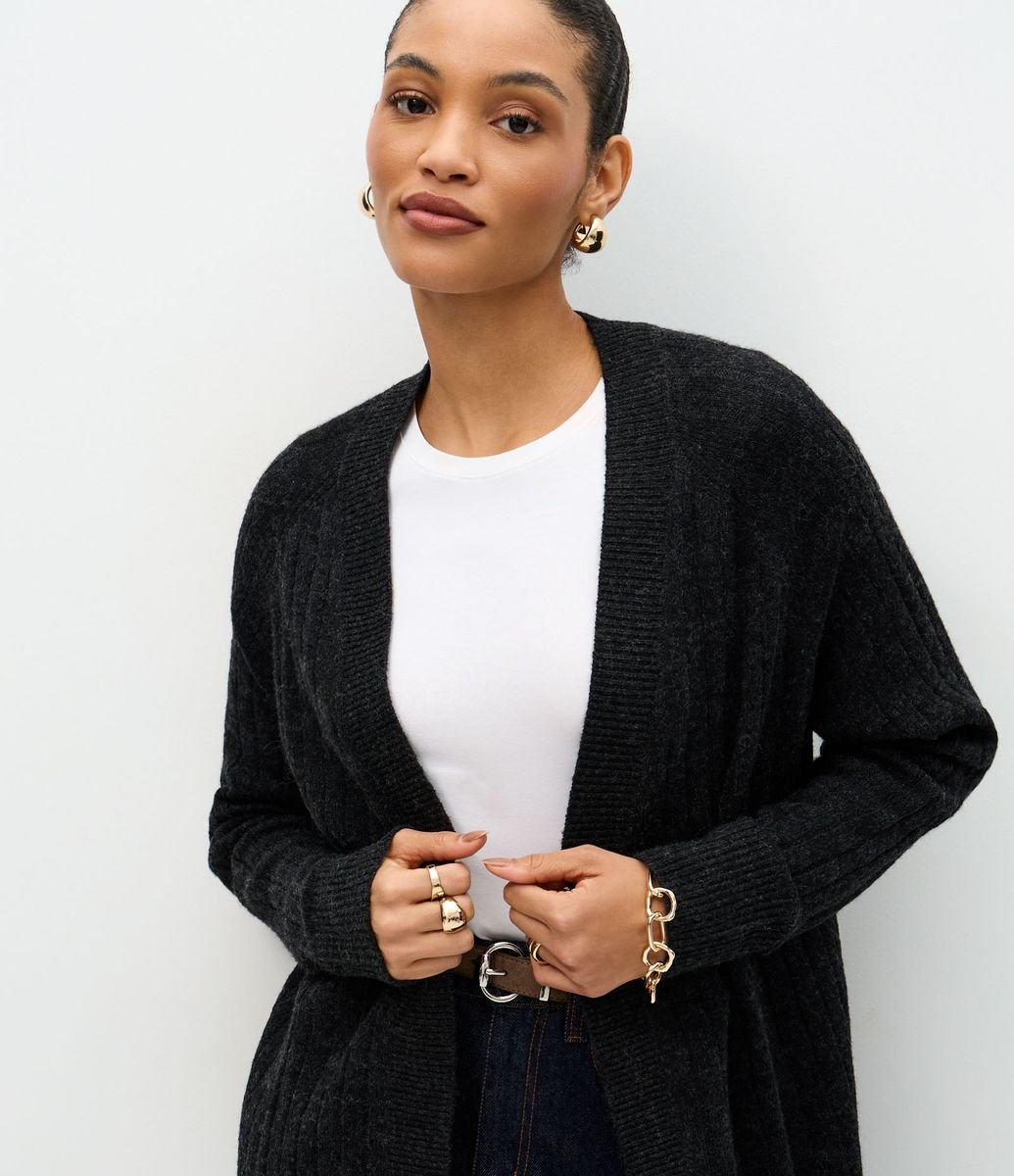 Cardigan Tricô Canelado Alongado sem Bolsos Preto