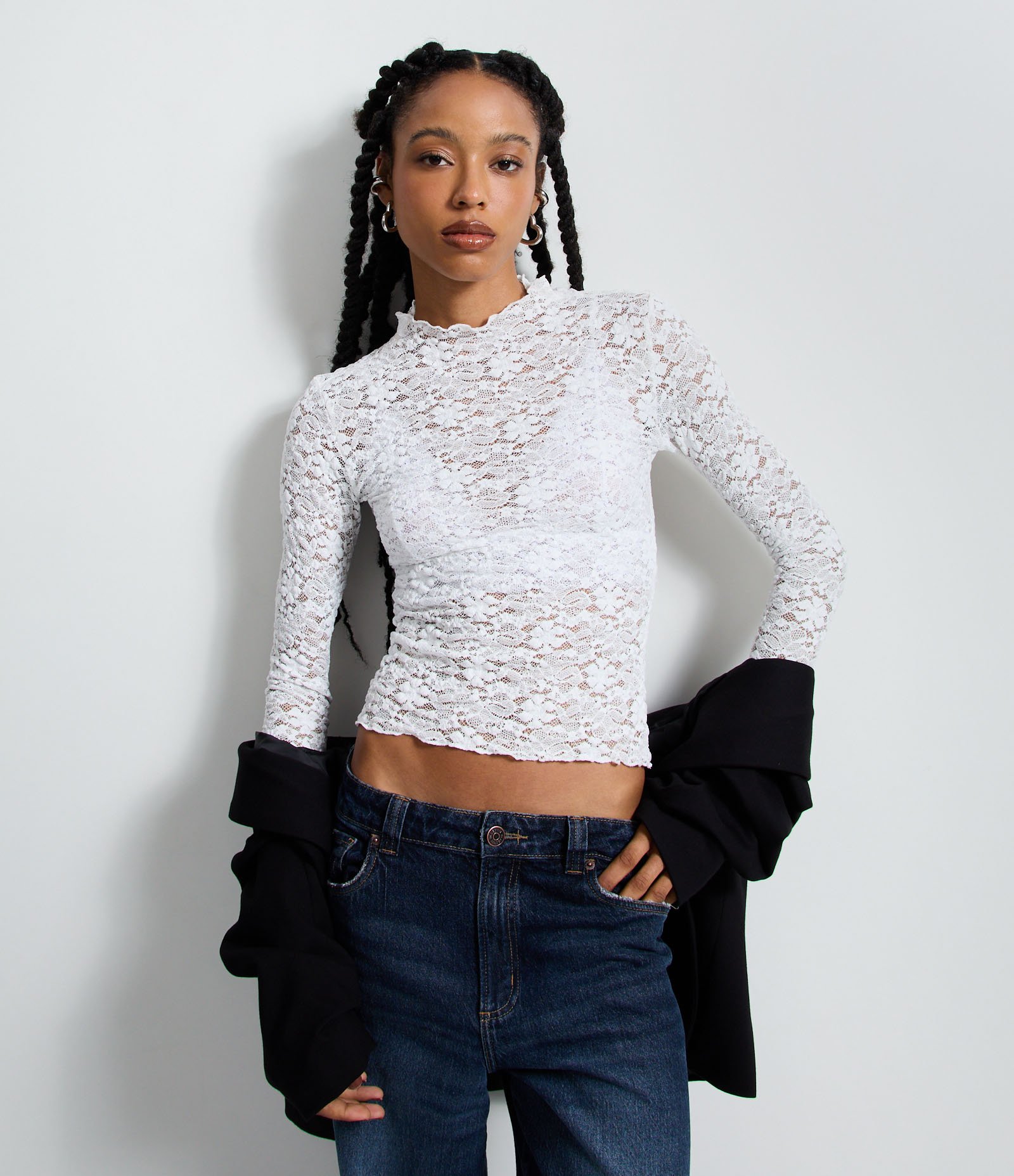 Blusa em Renda Texturizada com Manga Longa Branco 1