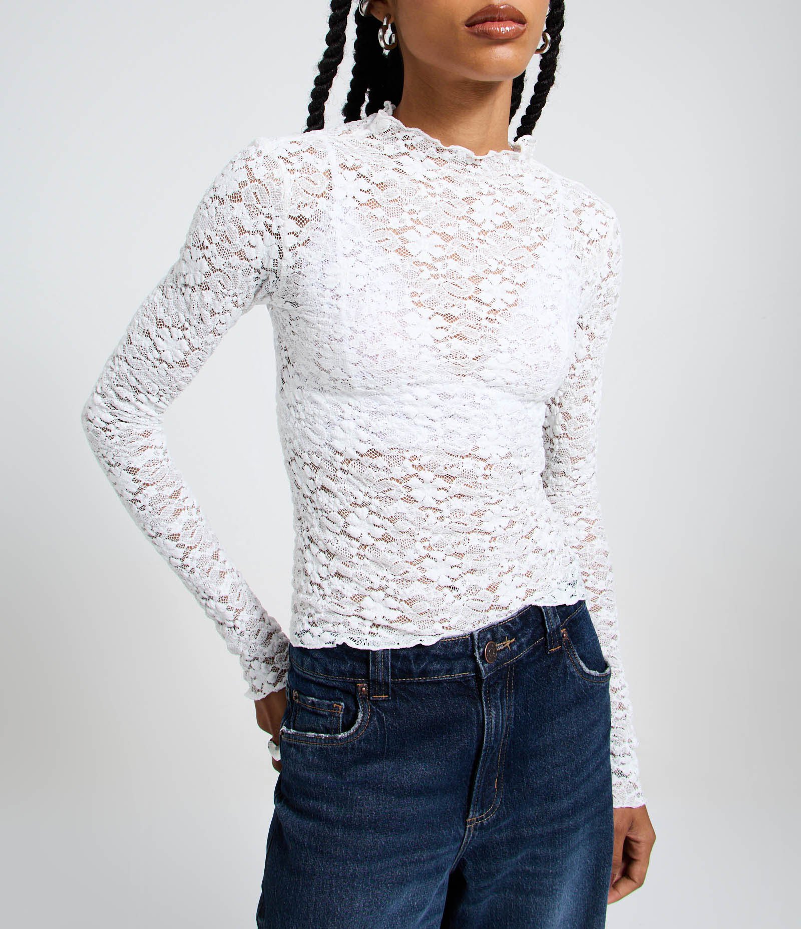 Blusa em Renda Texturizada com Manga Longa Branco 3