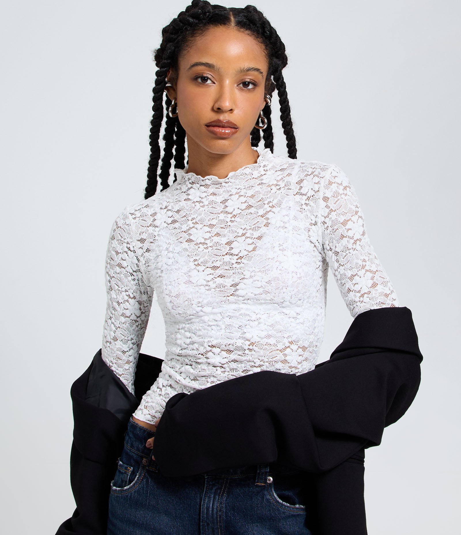 Blusa em Renda Texturizada com Manga Longa Branco 4