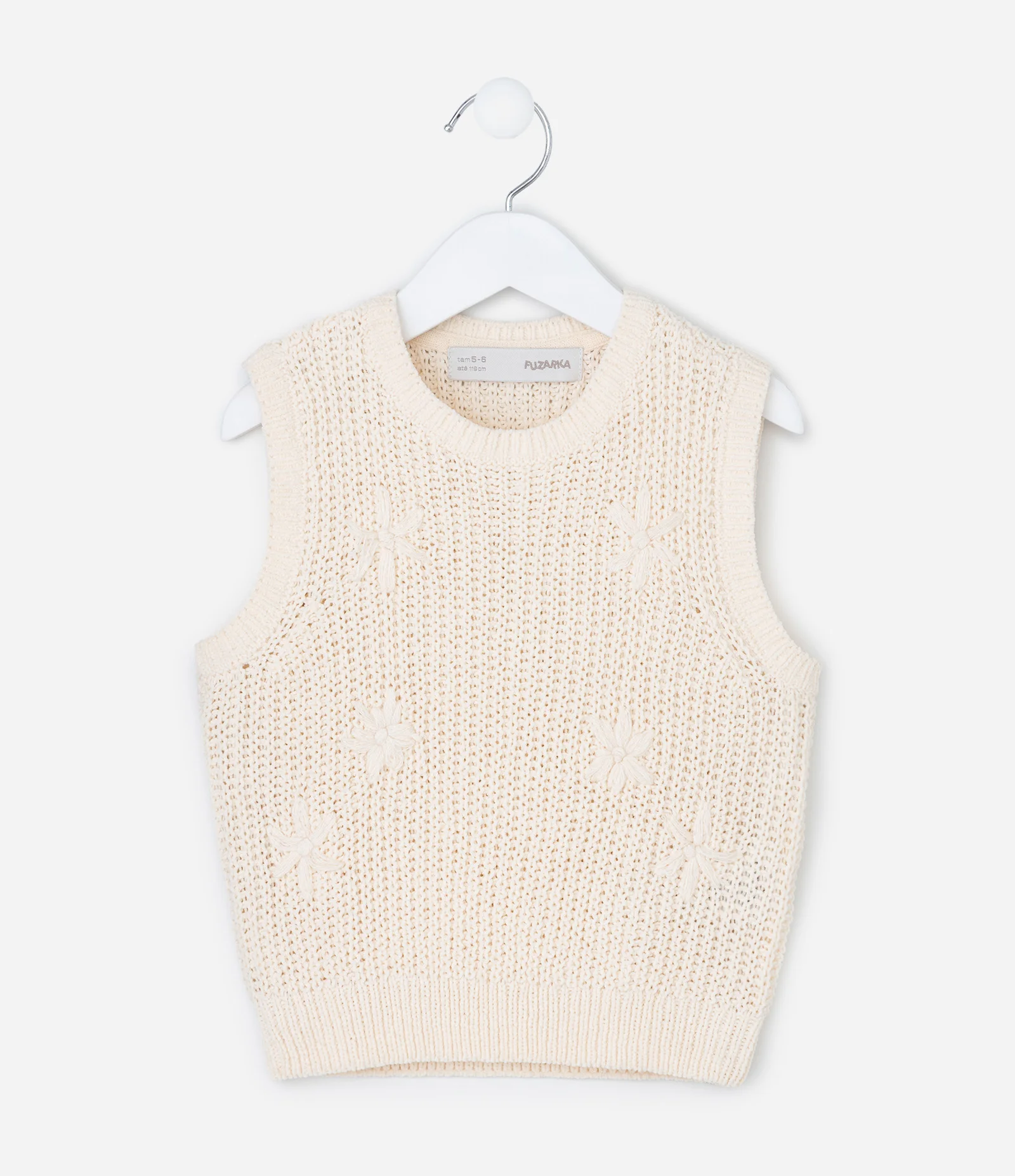 Colete Infantil em Chenille com Flores Bordadas – Tam 5 a 14 Anos Off White 1