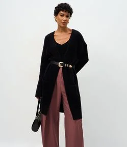 Cardigan Longo em Tricô Com Textura de Pelos