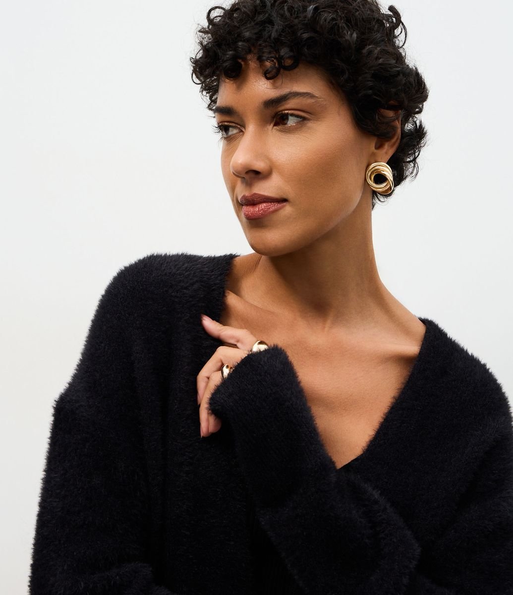 Cardigan Longo em Tricô Com Textura de Pelos Preto