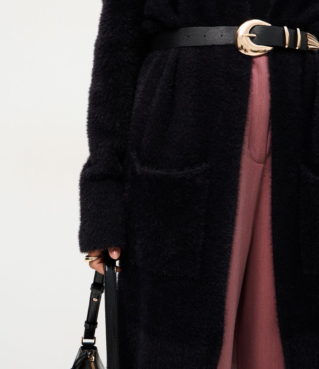 Cardigan Longo em Tricô Com Textura de Pelos Preto