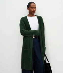Cardigan Longo em Tricô Com Textura de Pelos